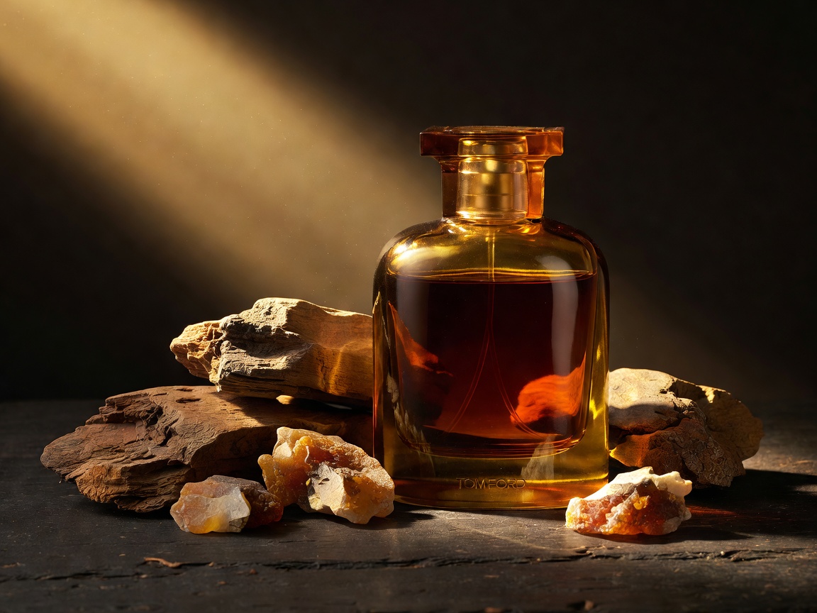 Tom Ford Oud Wood amber-tinted glass perfume flask beside textured raw stones under a golden light beam
